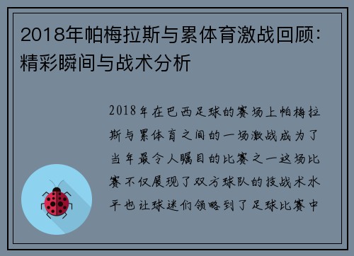 2018年帕梅拉斯与累体育激战回顾：精彩瞬间与战术分析