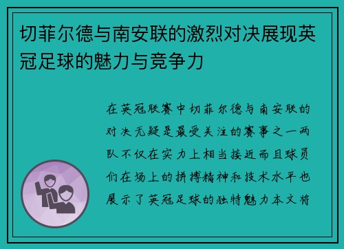 切菲尔德与南安联的激烈对决展现英冠足球的魅力与竞争力