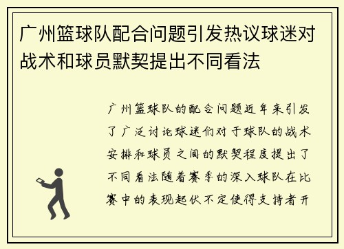 广州篮球队配合问题引发热议球迷对战术和球员默契提出不同看法