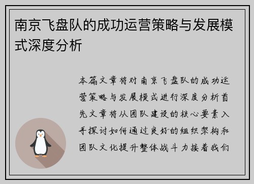 南京飞盘队的成功运营策略与发展模式深度分析