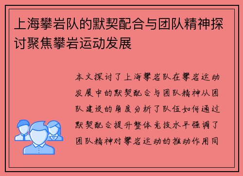 上海攀岩队的默契配合与团队精神探讨聚焦攀岩运动发展