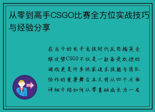 从零到高手CSGO比赛全方位实战技巧与经验分享