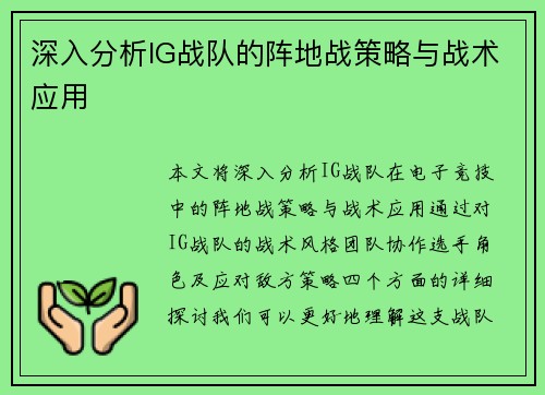 深入分析IG战队的阵地战策略与战术应用
