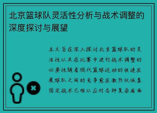 北京篮球队灵活性分析与战术调整的深度探讨与展望