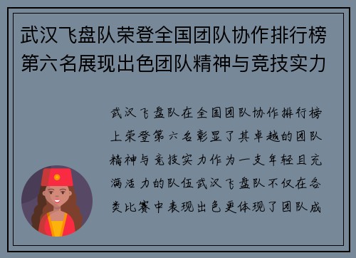 武汉飞盘队荣登全国团队协作排行榜第六名展现出色团队精神与竞技实力 - 副本