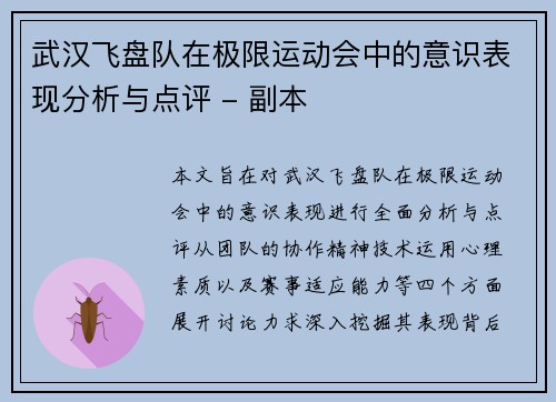 武汉飞盘队在极限运动会中的意识表现分析与点评 - 副本