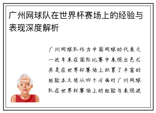广州网球队在世界杯赛场上的经验与表现深度解析