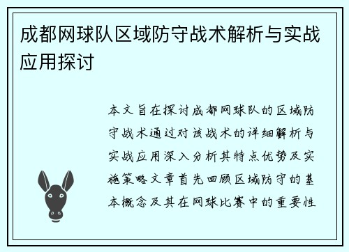 成都网球队区域防守战术解析与实战应用探讨